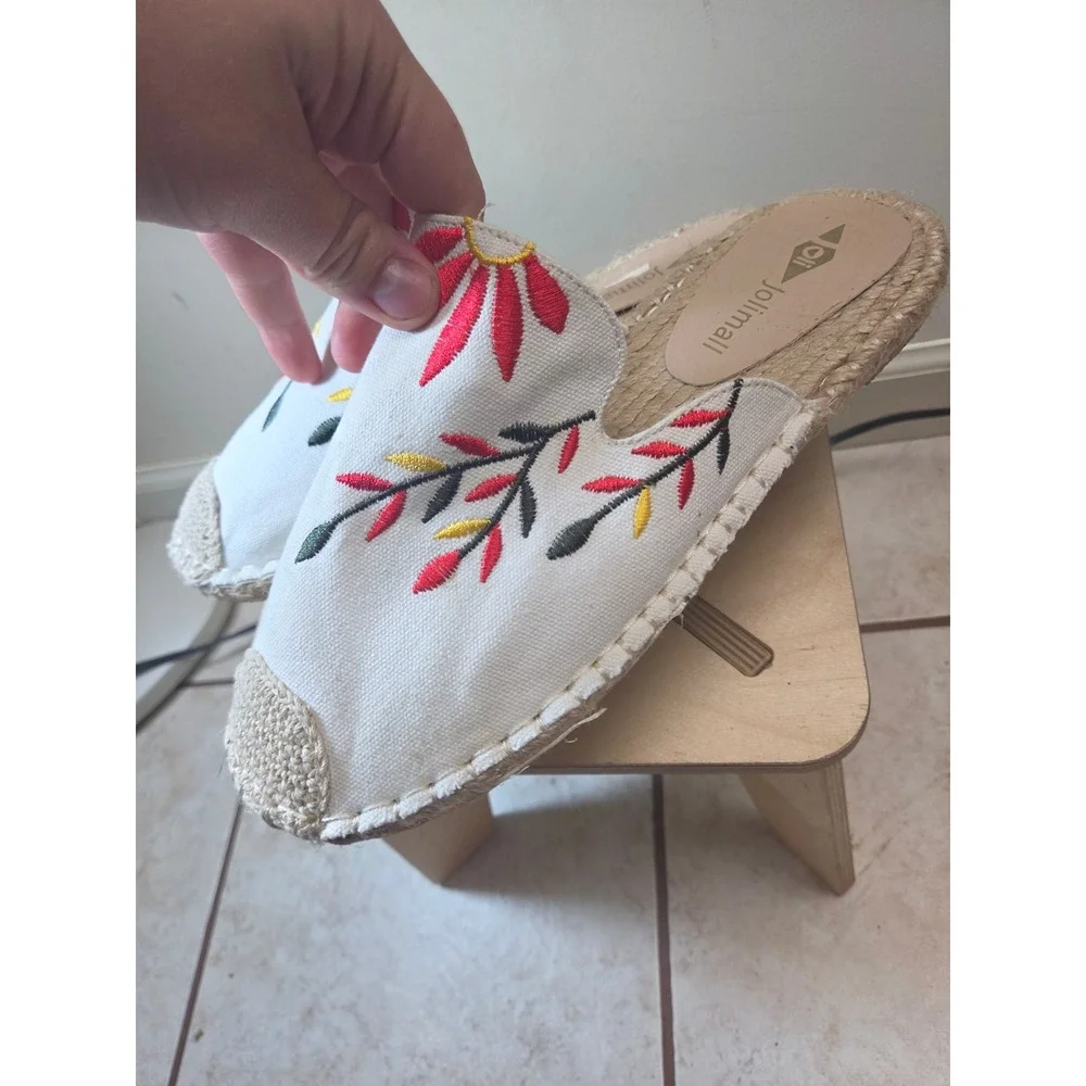 Jolimall‎ Womens Floral Embroidered Canvas Espadrille Mules Cream Size 10